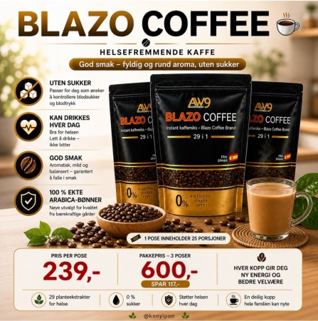 Blazo helsebringende pulverkaffe, Arabica, sett med 3 pakker